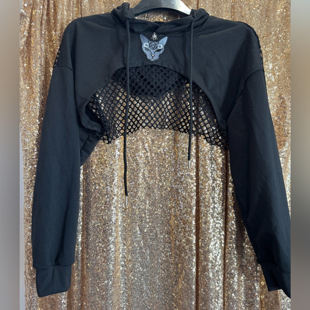 OOAK Goth Cropped Hoodie with Mesh